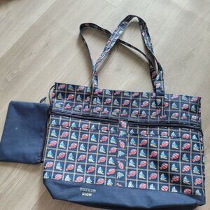 Puerto Rico Themed Navy Tote Bag W/ Fish & Sailboat Print + Removable Pouch 18"